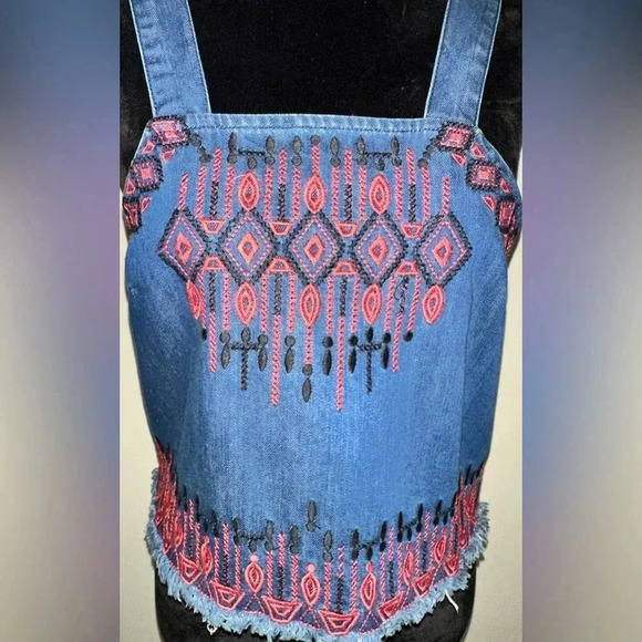 Blanknyc Embroidered Blue Denim Top With Red Aztec Design Size XS - Picture 4 of 7